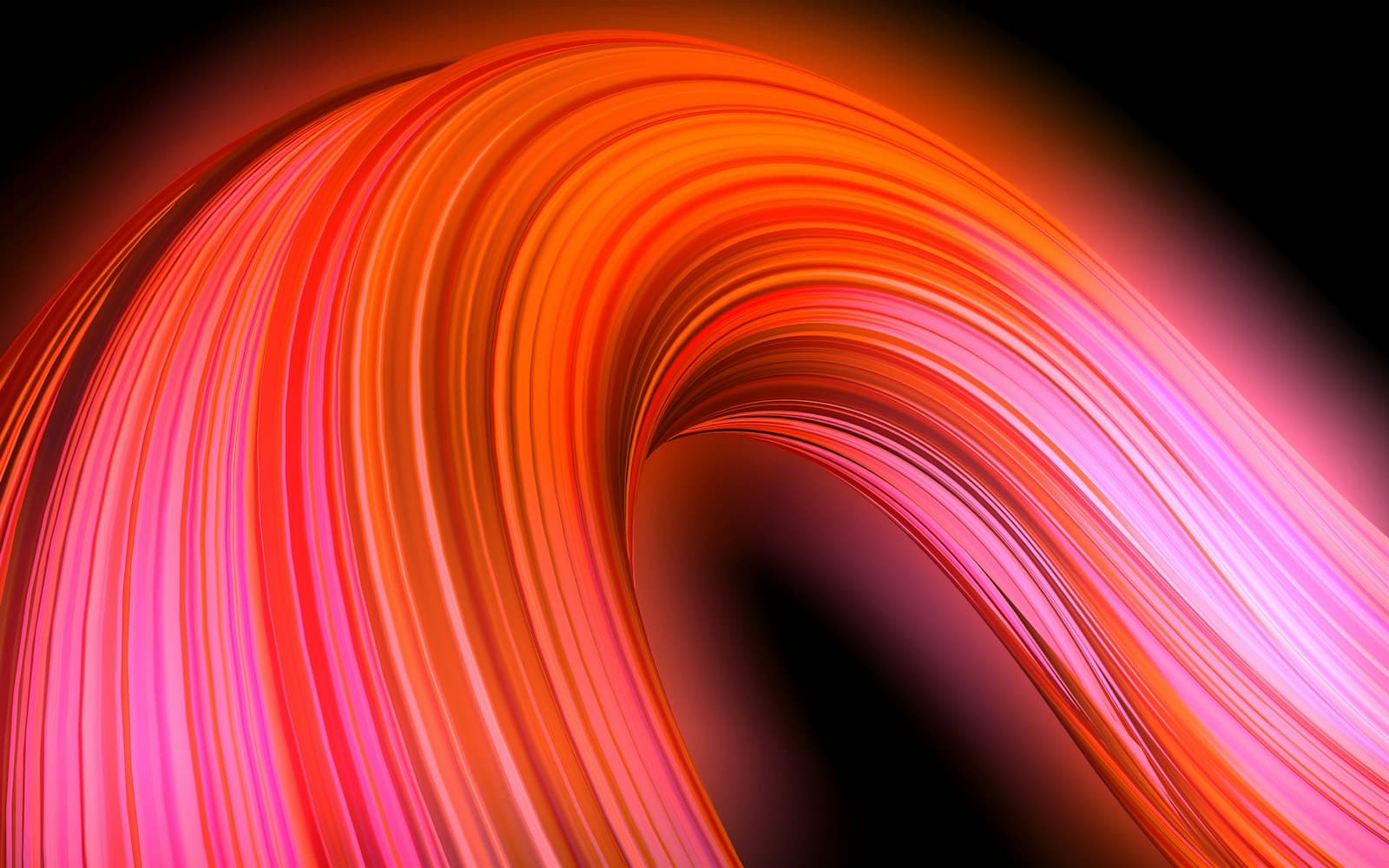 An abstract ribbon of coral and pink light on black